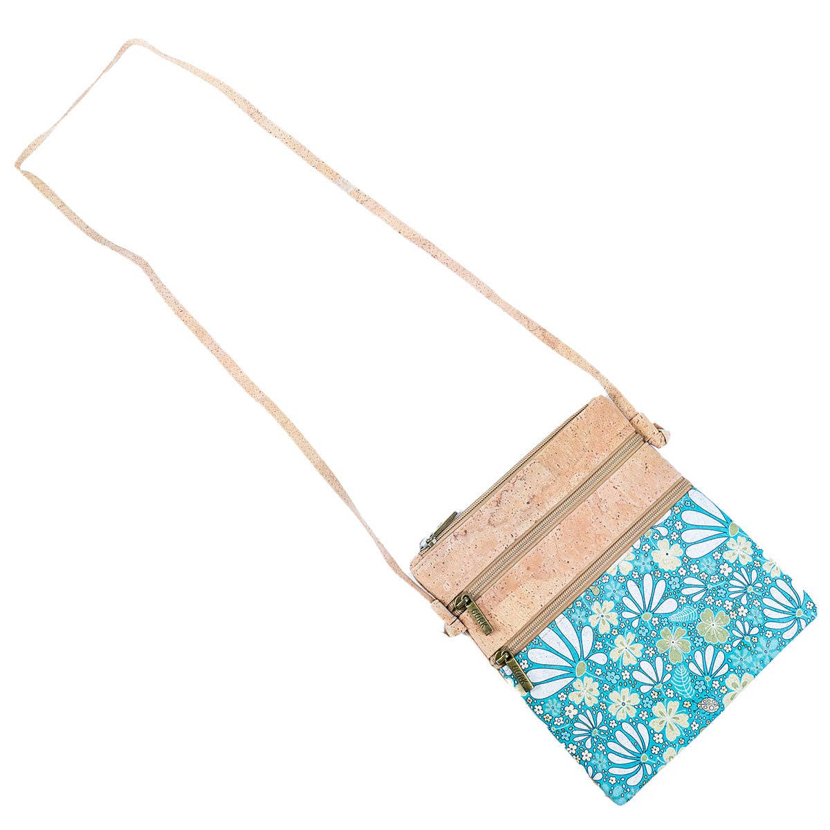 Cork Double Zip Flower print Crossbody Bag