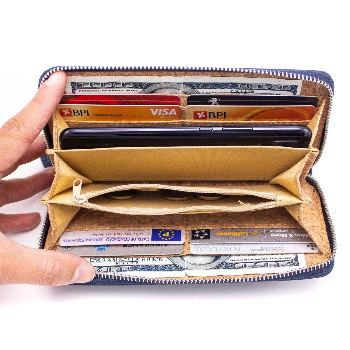 Brown mixed silver cork with accents card zipper Wallet