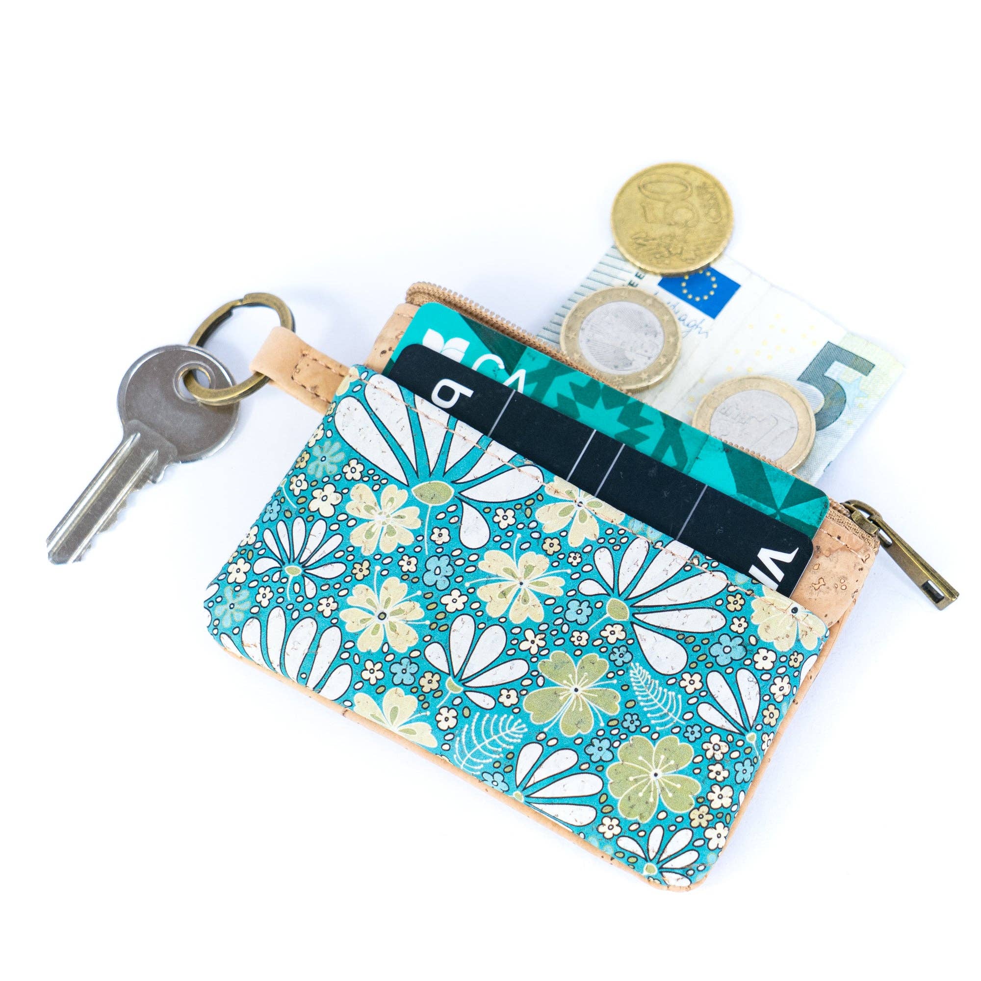 Small Cork Coin Purse with Key Ring – Floral Print