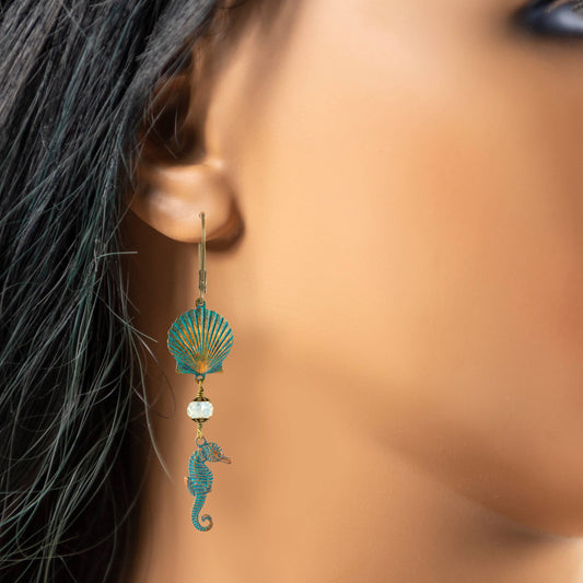 Seahorses and Shells Earrings w Crystals - Tropical Vacation