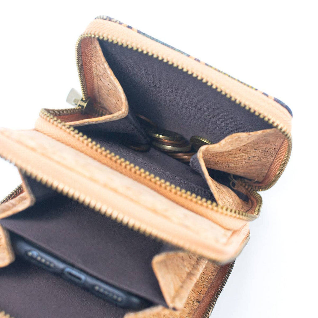 Natural Cork Crossbody Phone Bag with Triple Zipper Design