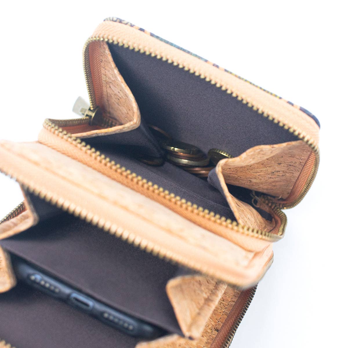 Natural Cork Crossbody Phone Bag with Triple Zipper Design