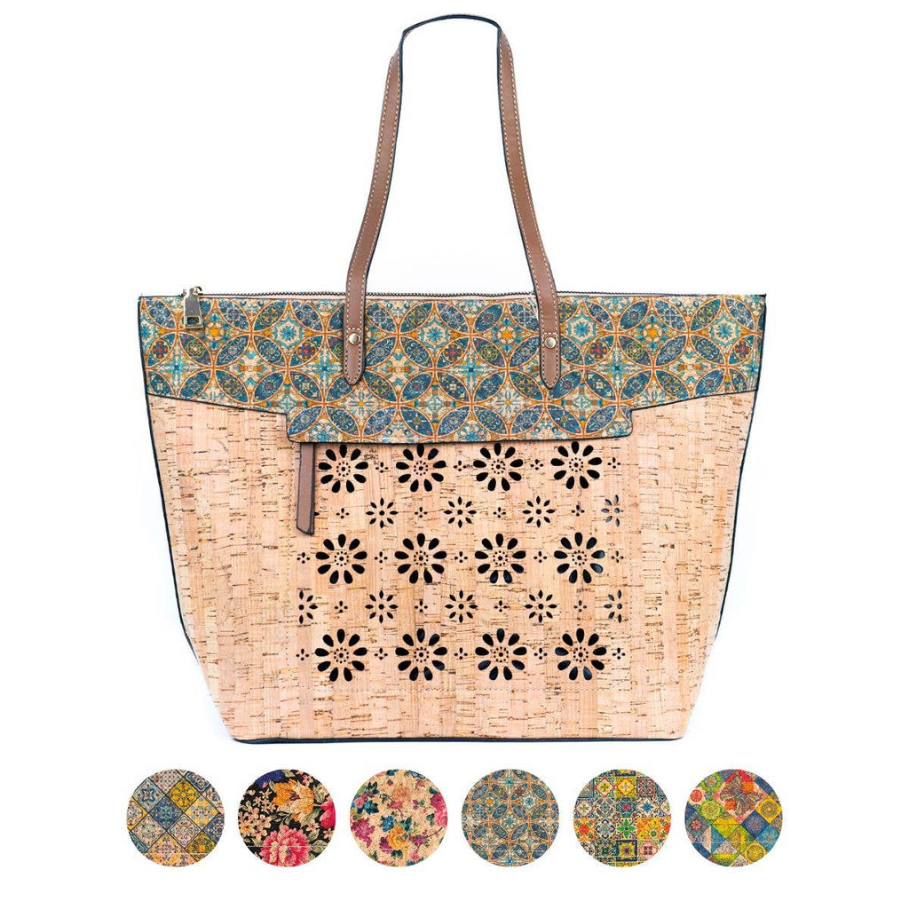 Cork and Cut-Out Printed Cork Tote Bag with PU Handles