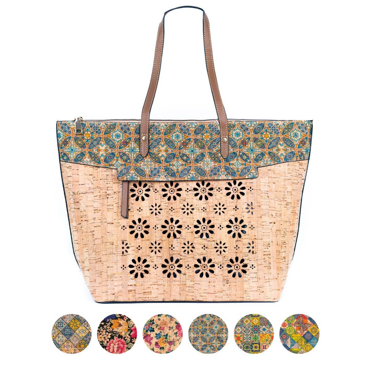 Cork and Cut-Out Printed Cork Tote Bag with PU Handles