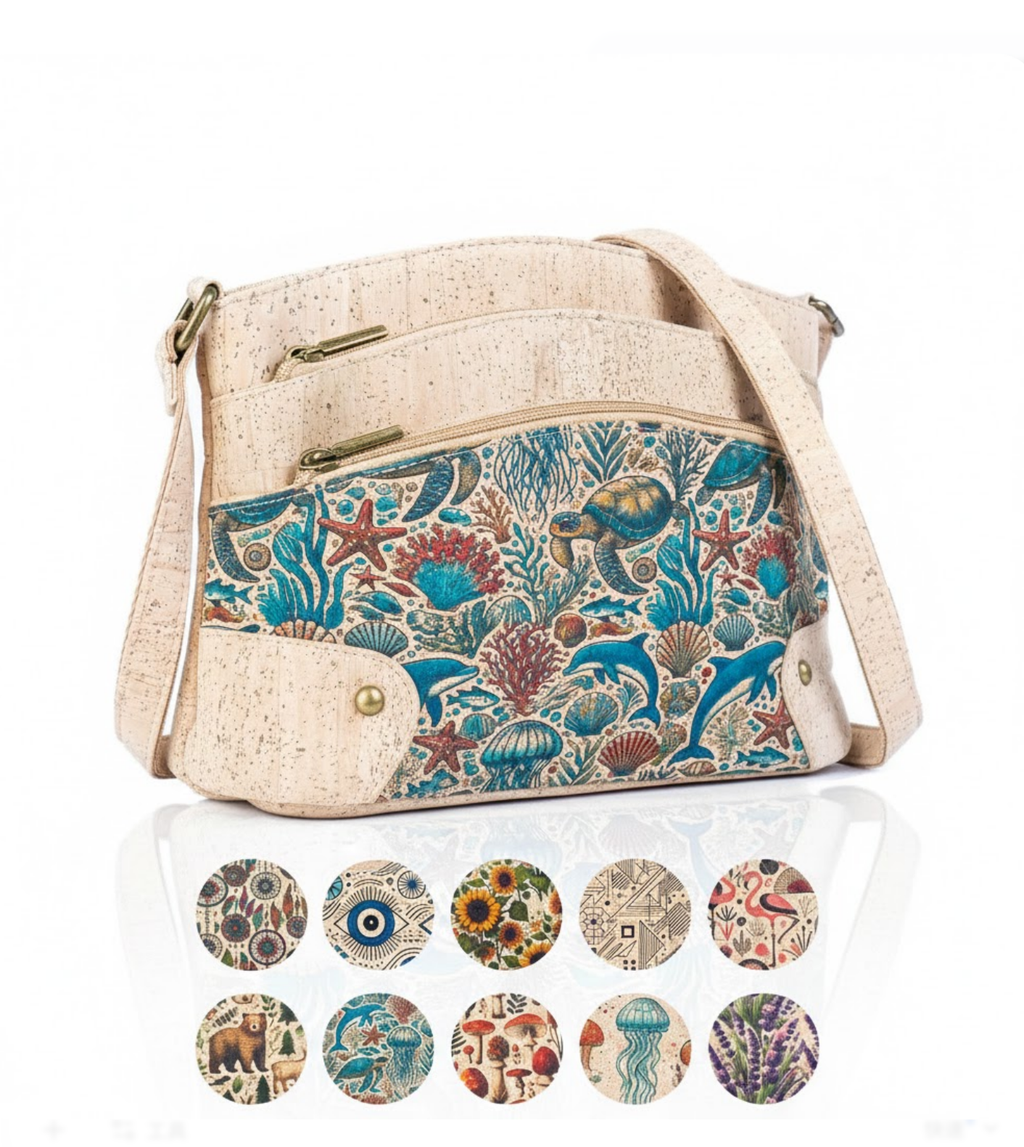 Multi-Pocket Cork Crossbody Bag with Adjustable Shoulder Strap