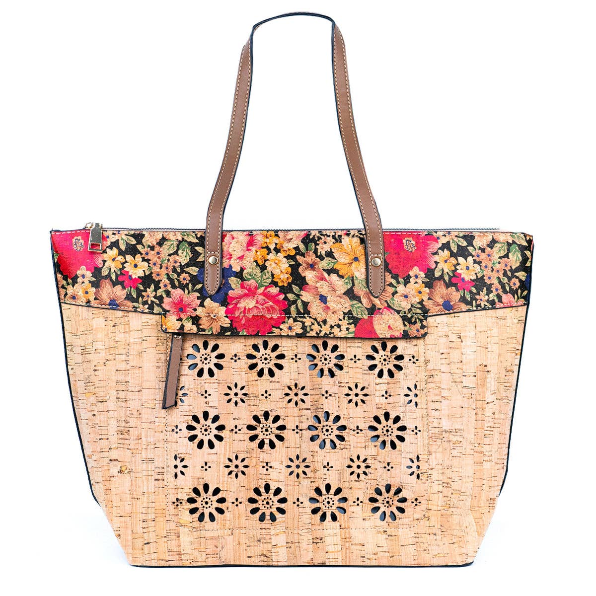 Cork and Cut-Out Printed Cork Tote Bag with PU Handles