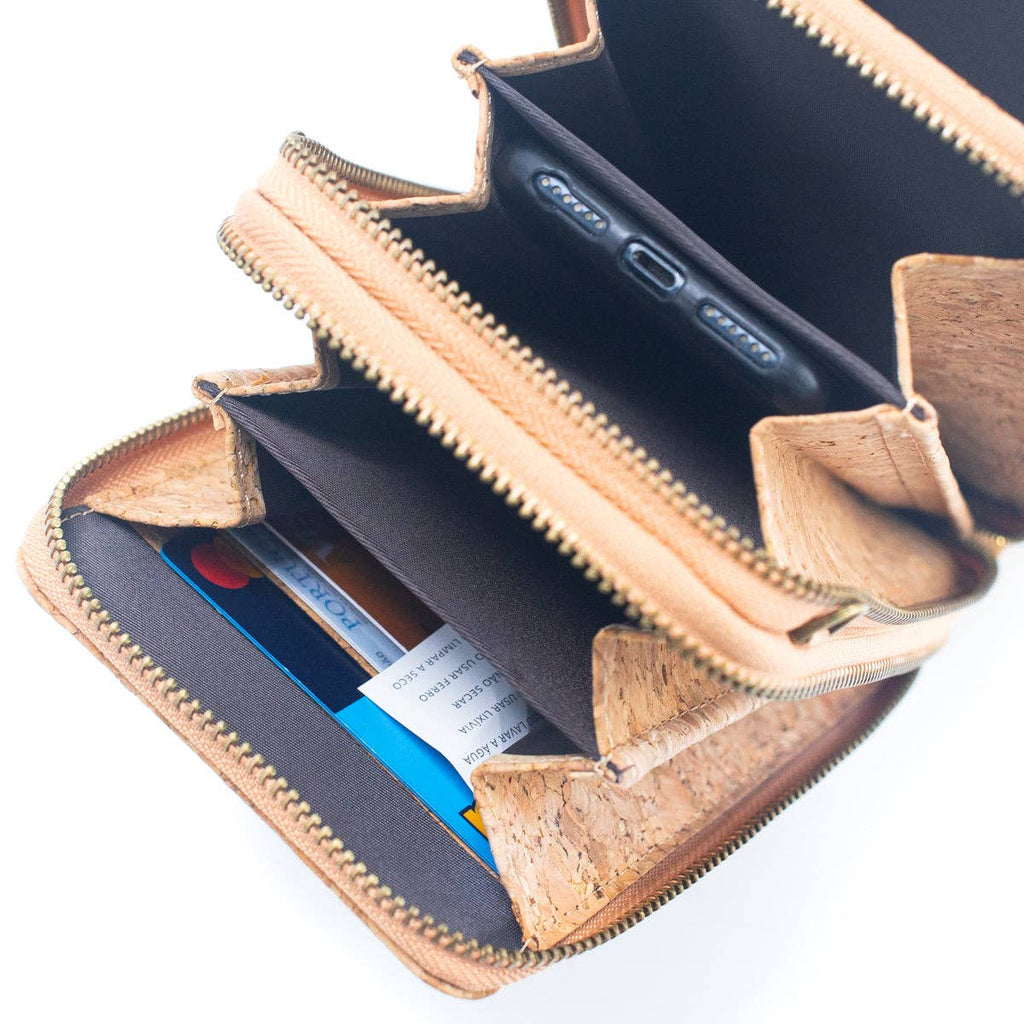 Natural Cork Crossbody Phone Bag with Triple Zipper Design