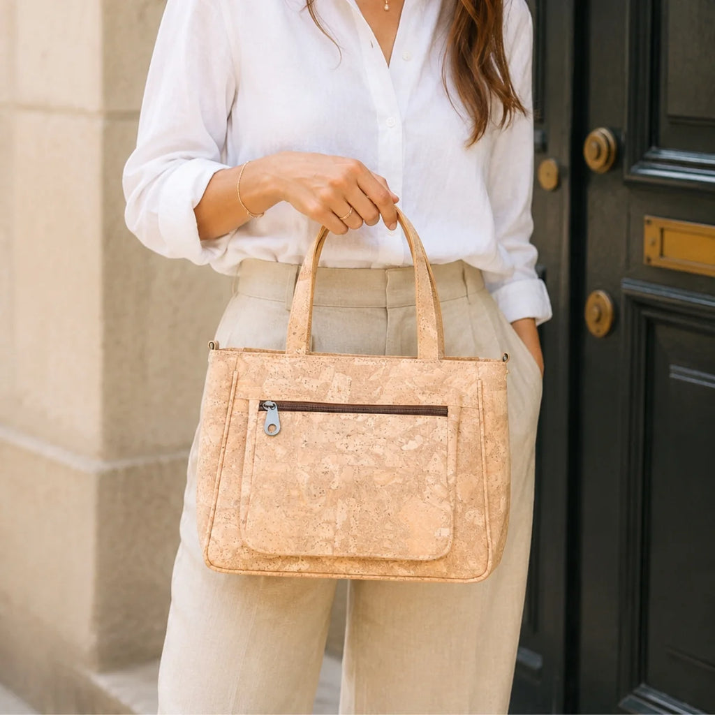 Natural Cork Handbag with Floral Pocket and Detachable Strap