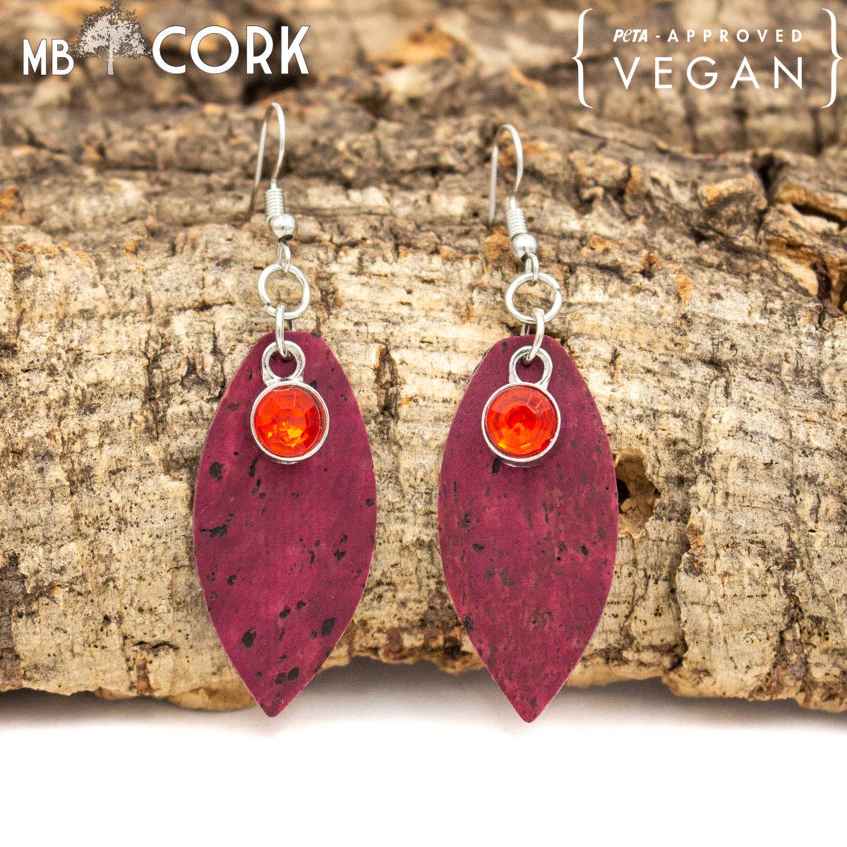 Leaf and gem cork earrings