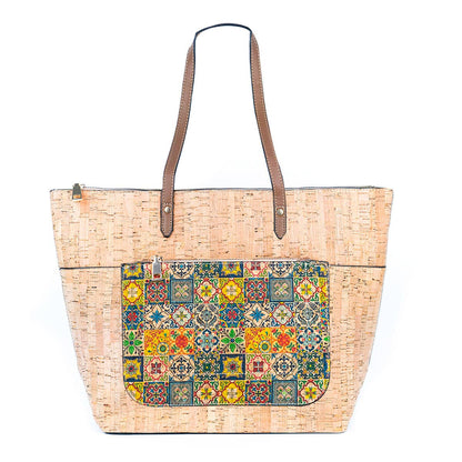 Natural and Printed Cork Blend  Tote Bag with PU Handles