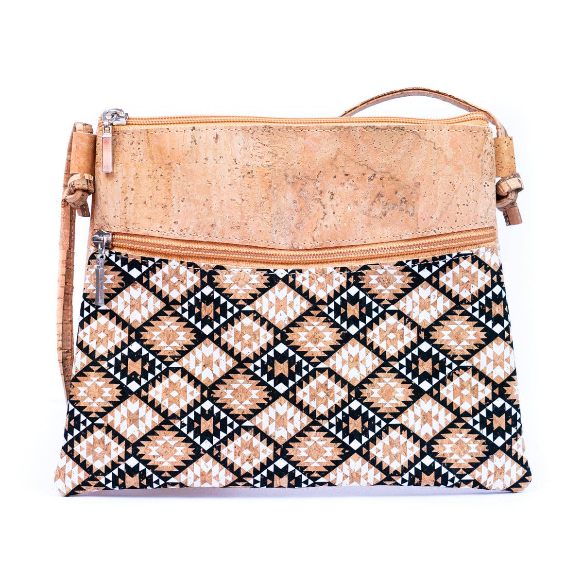 White Print Stitching Cork Zipper Crossbody Bag