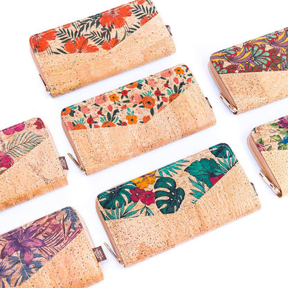 Flowers patterns cork women zipper card wallet