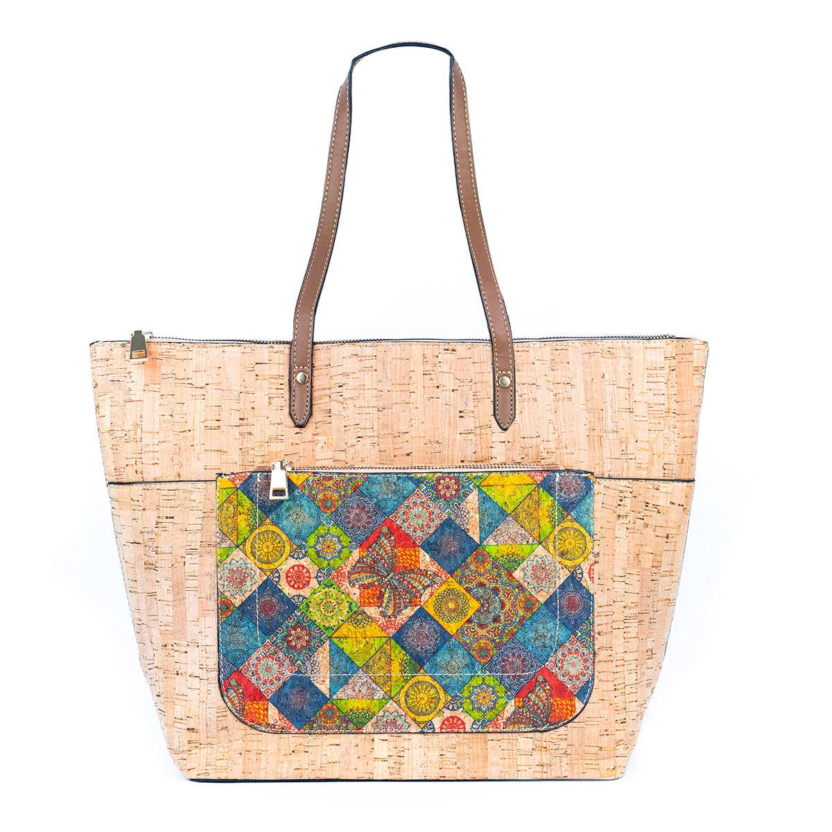 Natural and Printed Cork Blend  Tote Bag with PU Handles