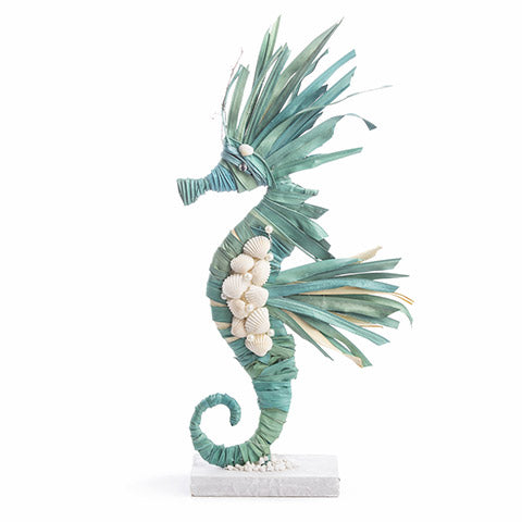 Blue Plantain Leaf Seahorse Decor on White Base: 18 inches