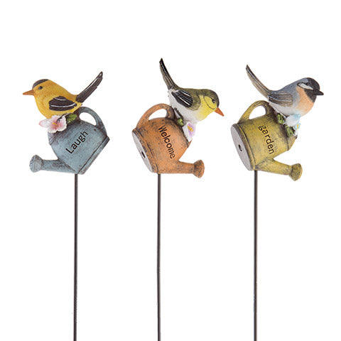 Bird on Watering Can Floral Accent Picks: 3 Assorted, 16 inches