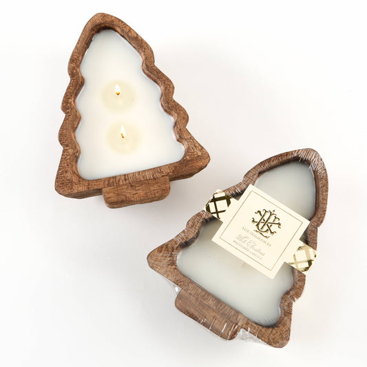 White Christmas 2 wick candle in a wooden tree bowl - LUX FRAGRANCES