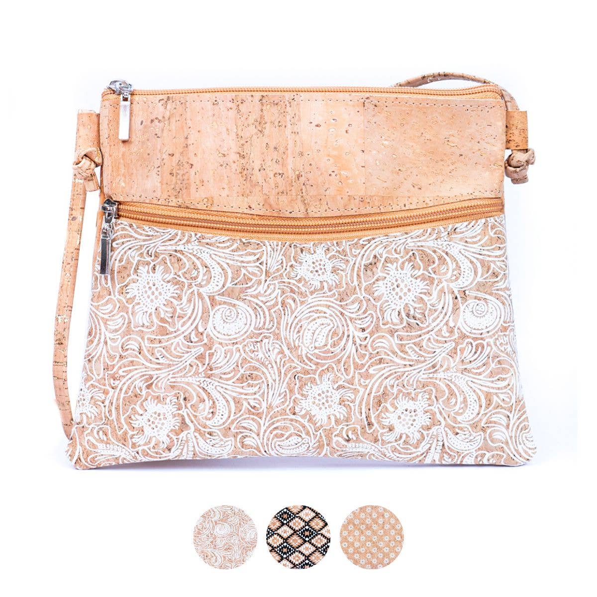 White Print Stitching Cork Zipper Crossbody Bag