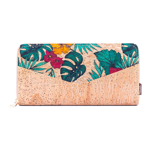 Flowers patterns cork women zipper card wallet