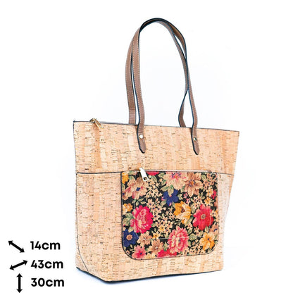 Natural and Printed Cork Blend  Tote Bag with PU Handles