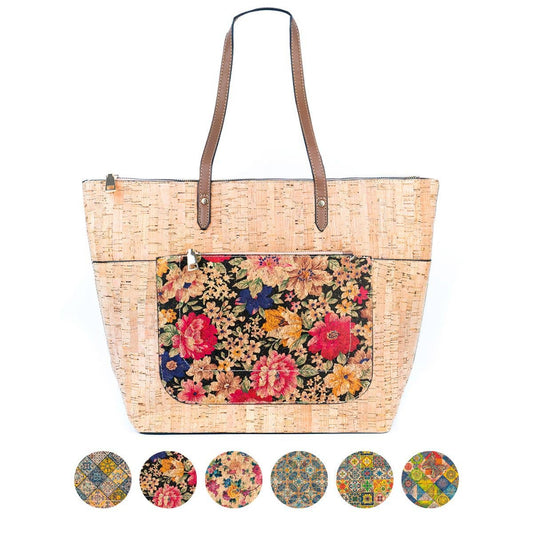 Natural and Printed Cork Blend  Tote Bag with PU Handles