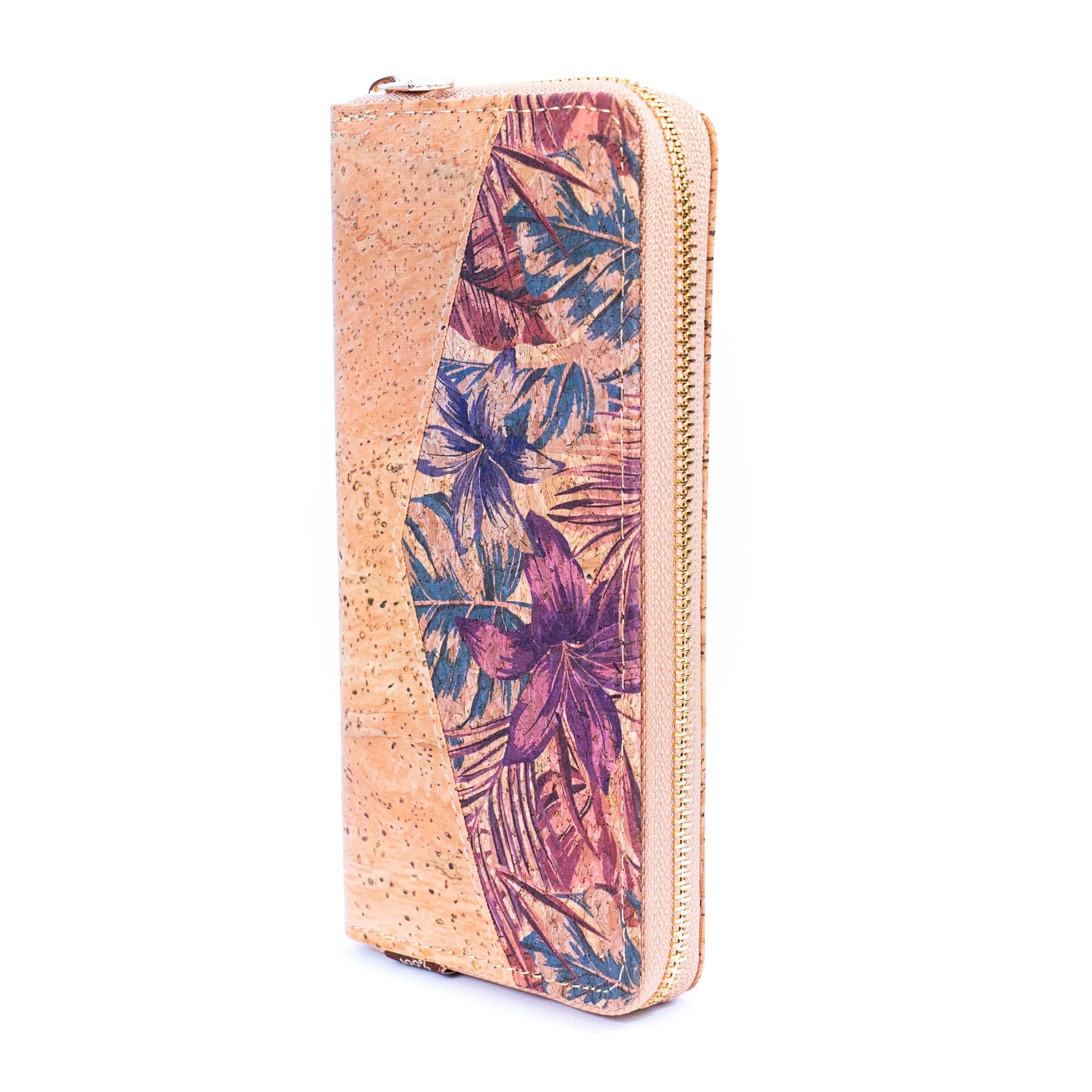 Flowers patterns cork women zipper card wallet