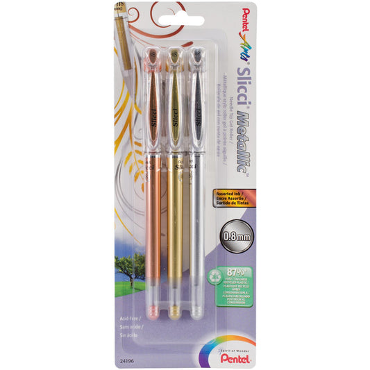 Pentel Arts Slicci Metallic 0.8 mm Needle Tip Gel Pen -  Assorted Metallic Ink Colors, 3 Pack (BG208BP3M)