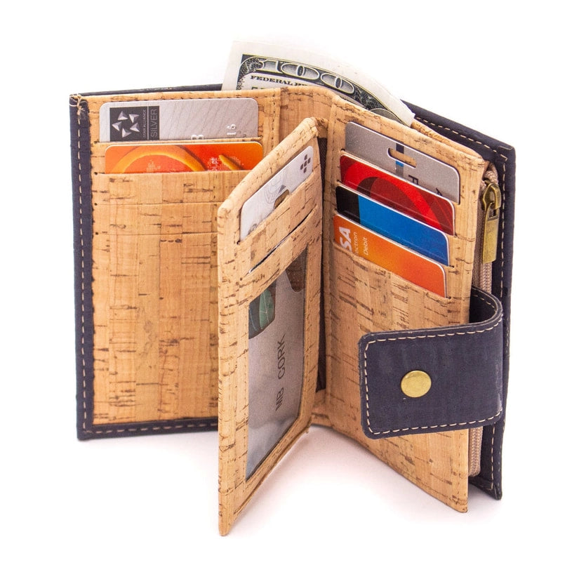 Billfold snap and zipper cork wallet