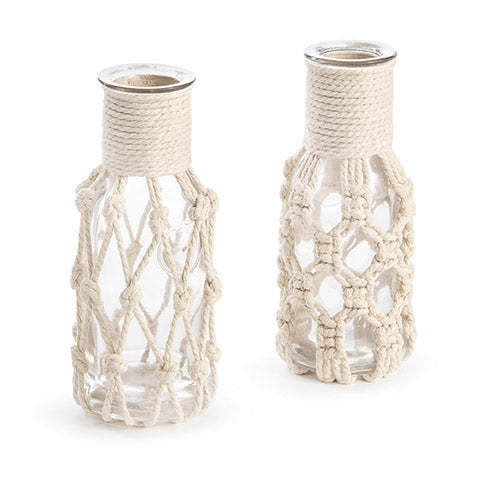 Glass Bottle with Rope Macrame: 9 inches, 2 Assorted