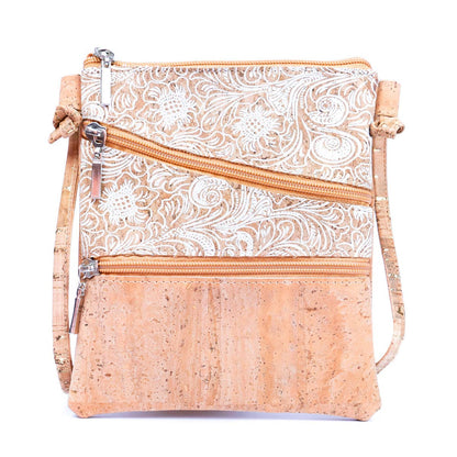 White Print Stitching Ladies' Cork Zipper Crossbody Bag