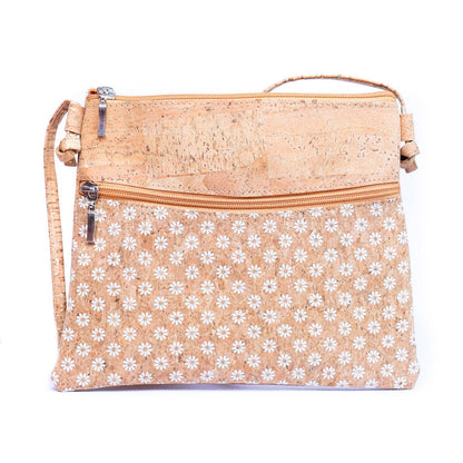 White Print Stitching Cork Zipper Crossbody Bag