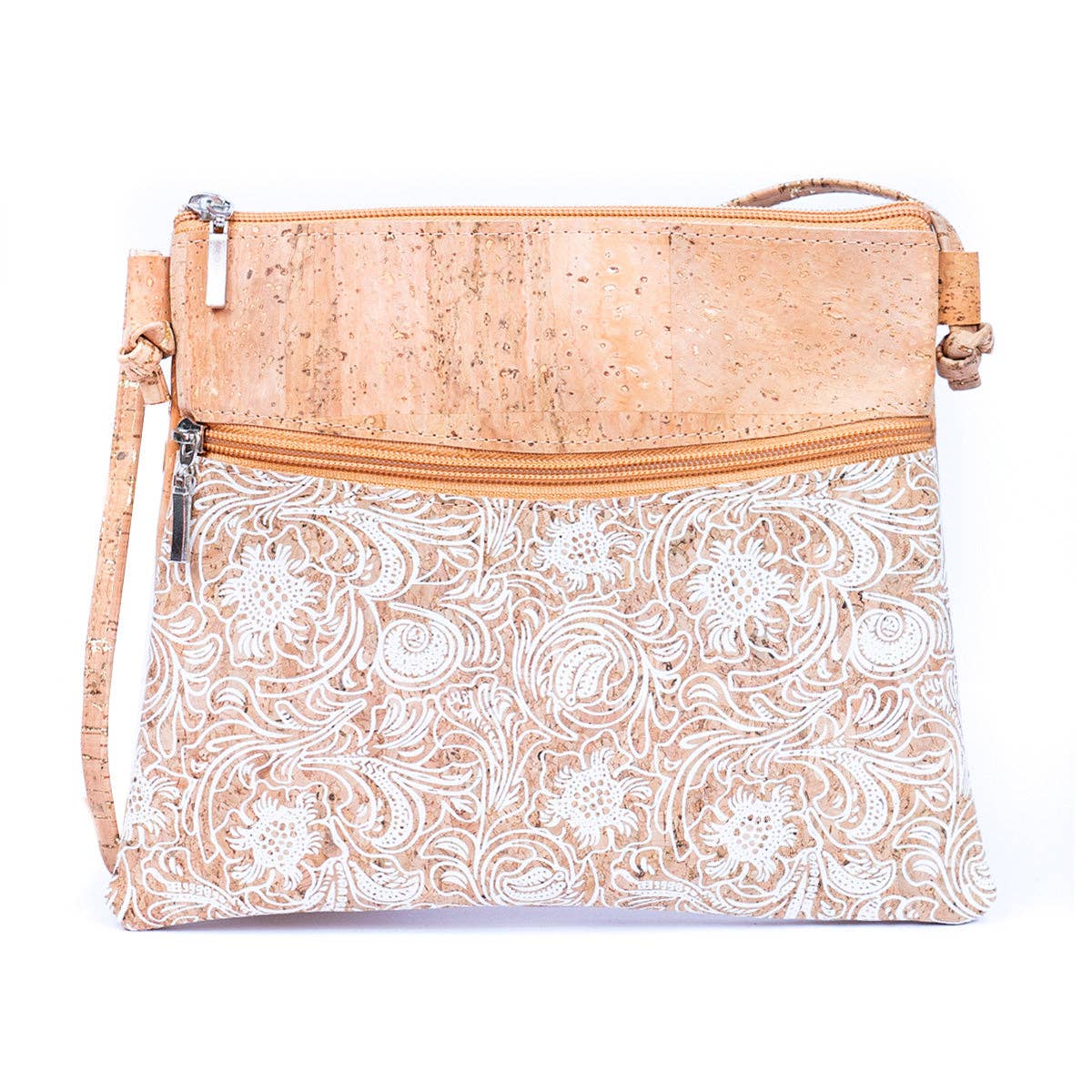 White Print Stitching Cork Zipper Crossbody Bag