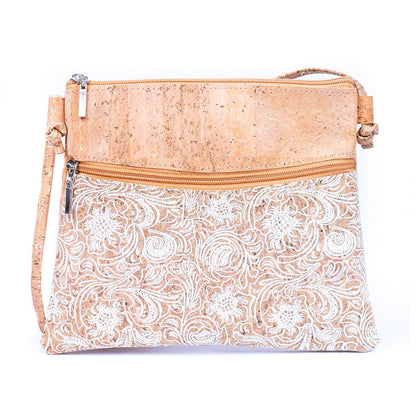 White Print Stitching Cork Zipper Crossbody Bag