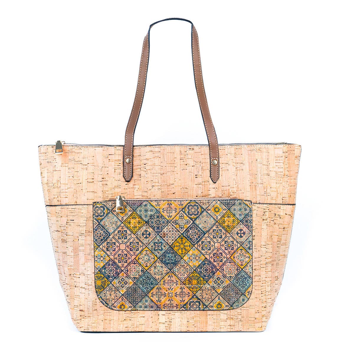 Natural and Printed Cork Blend  Tote Bag with PU Handles