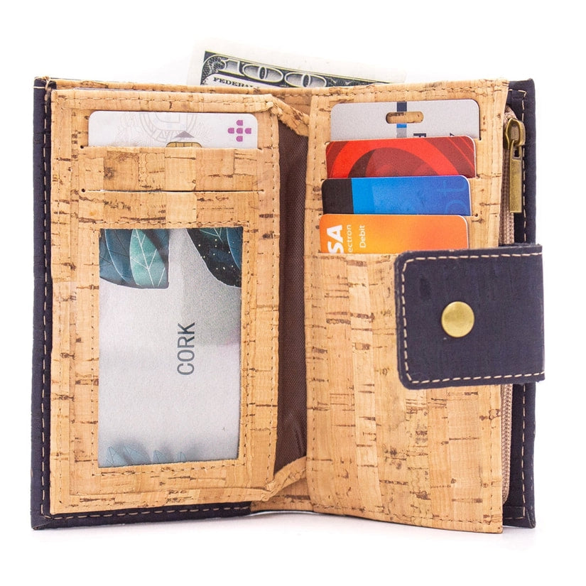 Billfold snap and zipper cork wallet