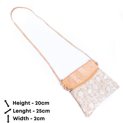 White Print Stitching Cork Zipper Crossbody Bag