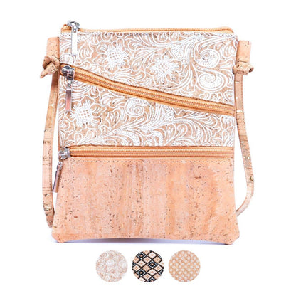 White Print Stitching Ladies' Cork Zipper Crossbody Bag