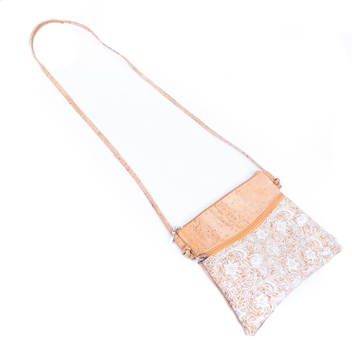 White Print Stitching Cork Zipper Crossbody Bag