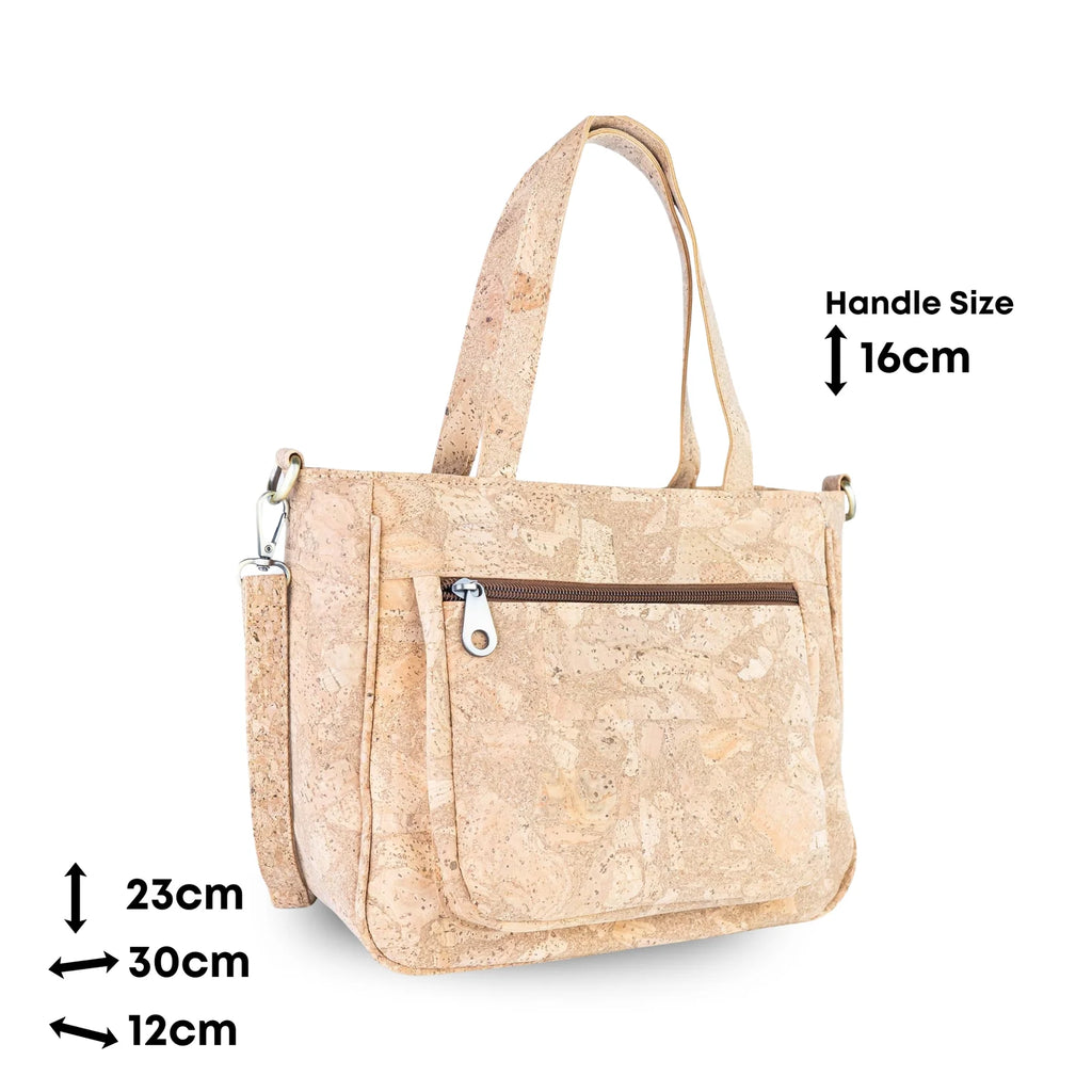 Natural Cork Handbag with Floral Pocket and Detachable Strap
